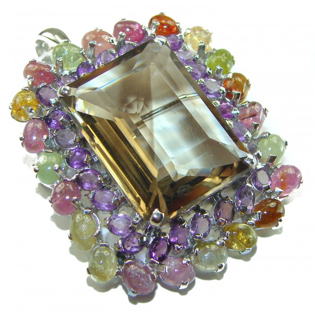 Luxurious 54.5 carat baguette cut Smoky Topaz Tourmaline .925 Sterling Silver handmade Pendant Brooch