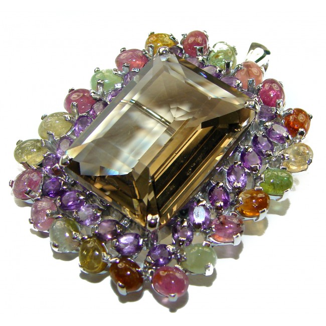 Luxurious 54.5 carat baguette cut Smoky Topaz Tourmaline .925 Sterling Silver handmade Pendant Brooch