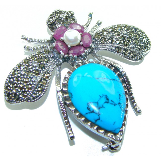 Blue Bee genuine Turquoise .925 Sterling Silver handmade Pendant - Brooch