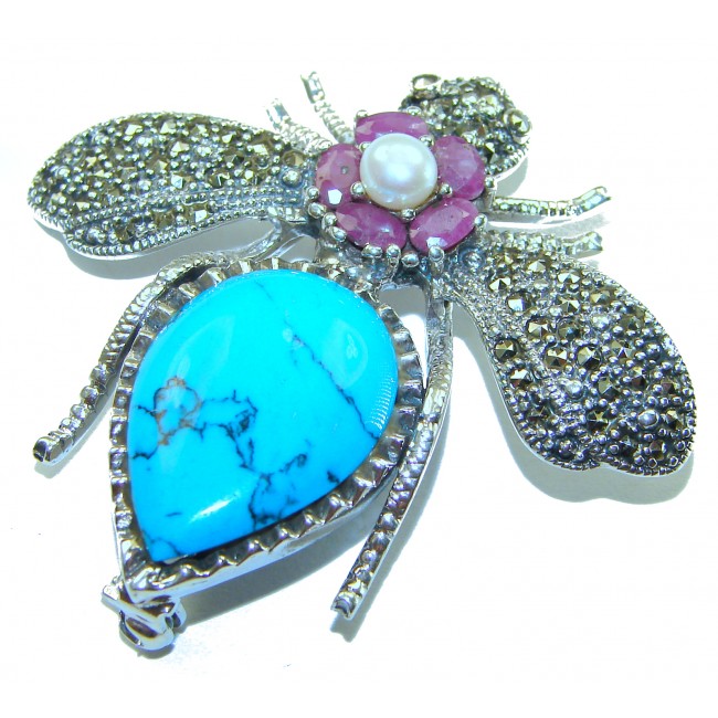 Blue Bee genuine Turquoise .925 Sterling Silver handmade Pendant - Brooch