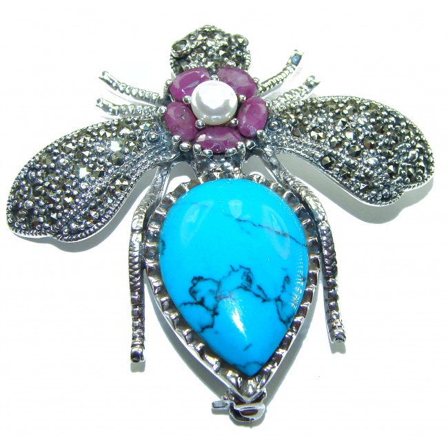 Blue Bee genuine Turquoise .925 Sterling Silver handmade Pendant - Brooch