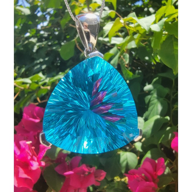 65.5 carat Trillion Cut Electric Blue Topaz .925 Sterling Silver handcrafted Pendant