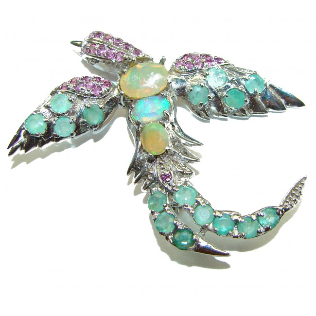 Incredible Flaying Bird Natural Ethiopian Opal Emerald .925 Sterling Silver Brooch