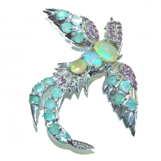 Incredible Flaying Bird Natural Ethiopian Opal Emerald .925 Sterling Silver Brooch