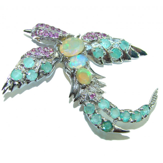 Incredible Flaying Bird Natural Ethiopian Opal Emerald .925 Sterling Silver Brooch