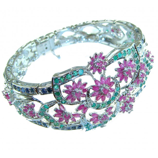 Forget-Me-Not Natural Ruby Sapphire Emerald .925 Sterling Silver Luxury Bracelet