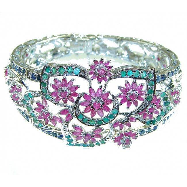 Forget-Me-Not Natural Ruby Sapphire Emerald .925 Sterling Silver Luxury Bracelet