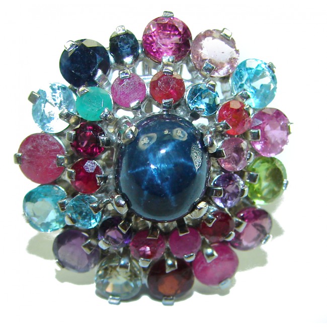 Unique STAR Sapphire Ruby Aquamarine .925 Sterling Silver handmade ring size 5