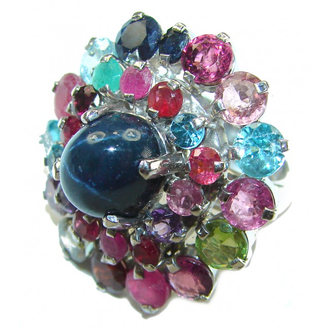 Unique STAR Sapphire Ruby Aquamarine .925 Sterling Silver handmade ring size 5