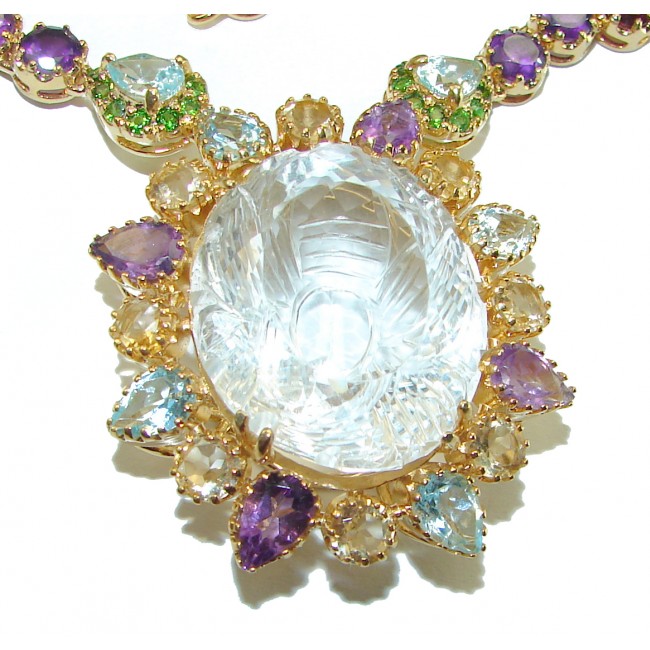 Outstanding carved White Topaz 14K Gold over .925 Sterling Silver handcrafted Statement necklace