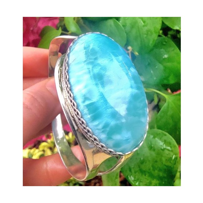 Beauty of Ocean Blue Larimar .925 Sterling Silver handcrafted huge Bracelet / Cuff