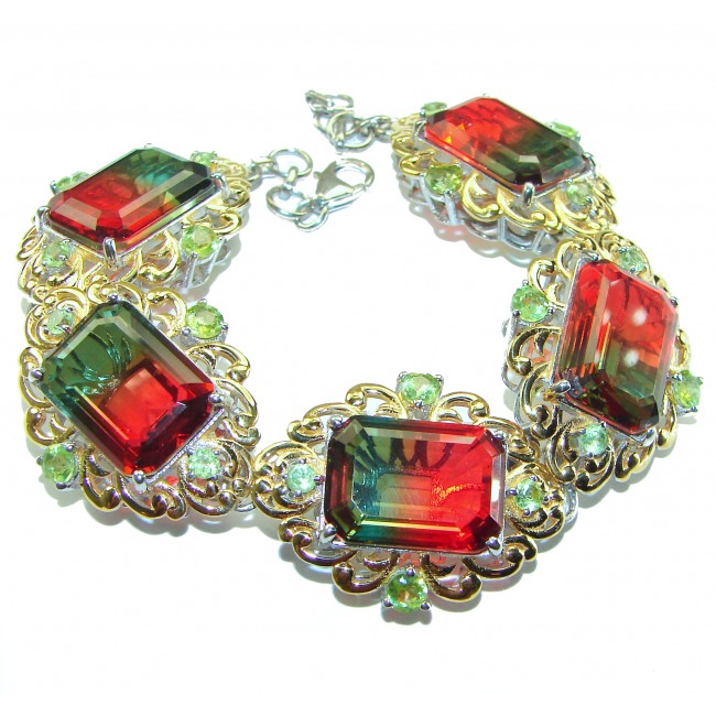 Spectacular authentic Watermelon Tourmaline 14K Gold over .925 Sterling Silver handmade Bracelet