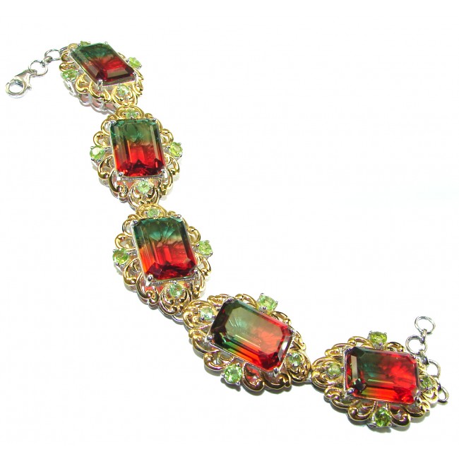 Spectacular authentic Watermelon Tourmaline 14K Gold over .925 Sterling Silver handmade Bracelet