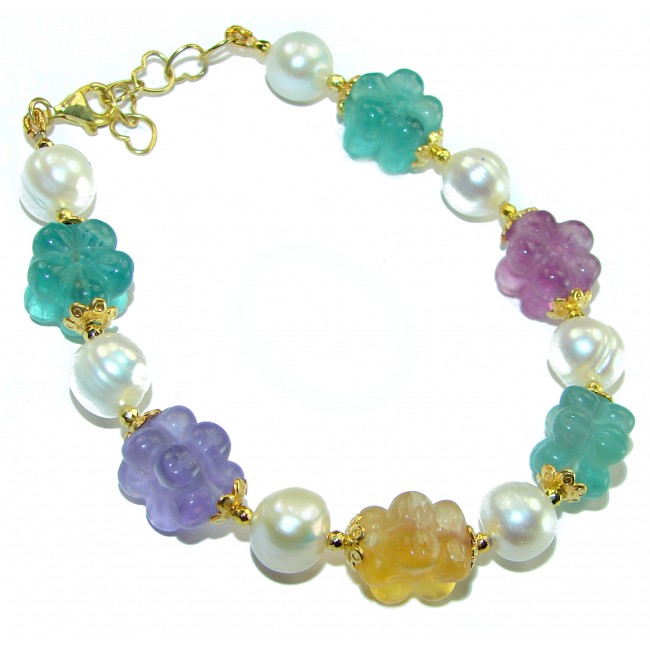 Top quality Genuine carved Fluorite 14k Gold over .925 Sterling Silver handcrafted bracelet