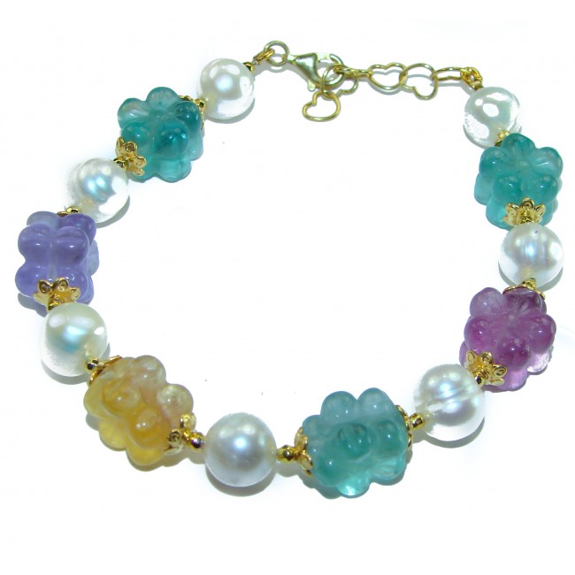 Top quality Genuine carved Fluorite 14k Gold over .925 Sterling Silver handcrafted bracelet