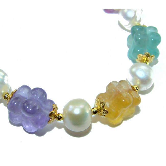 Top quality Genuine carved Fluorite 14k Gold over .925 Sterling Silver handcrafted bracelet