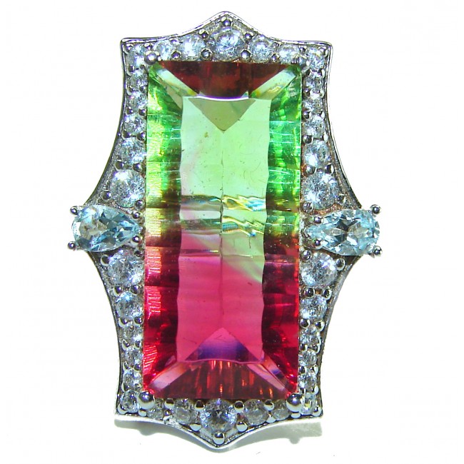 24.5 carat baguette cut stone Brazilian Tourmaline .925 Sterling Silver Perfectly handcrafted Ring s. 7