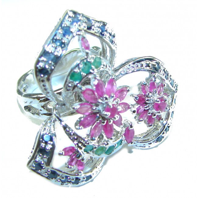 Precious Flower Authentic Ruby .925 Sterling Silver handmade Large Statement Ring size 8