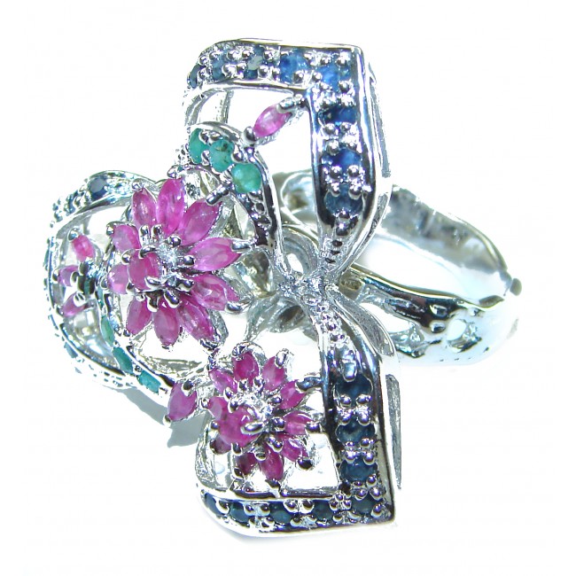 Precious Flower Authentic Ruby .925 Sterling Silver handmade Large Statement Ring size 8