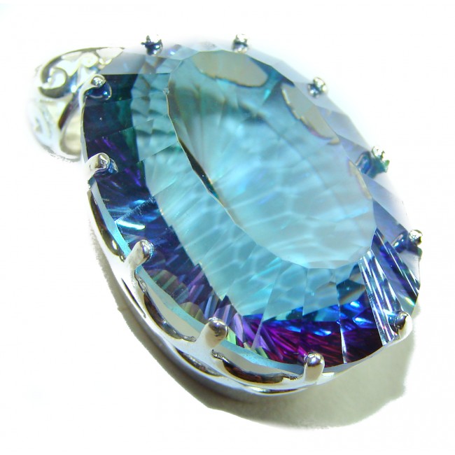 48.2 carat oval cut Mystic Aurora Topaz .925 Sterling Silver handcrafted Pendant