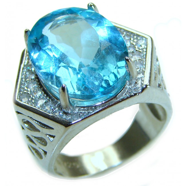 12.8 carat oval cut Swiss Blue Topaz .925 Sterling Silver handmade Ring size 6