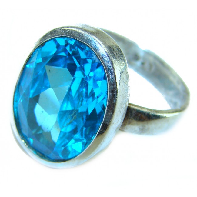 12.8 carat oval cut Electric Blue Topaz .925 Sterling Silver handmade Ring size 7 1/2