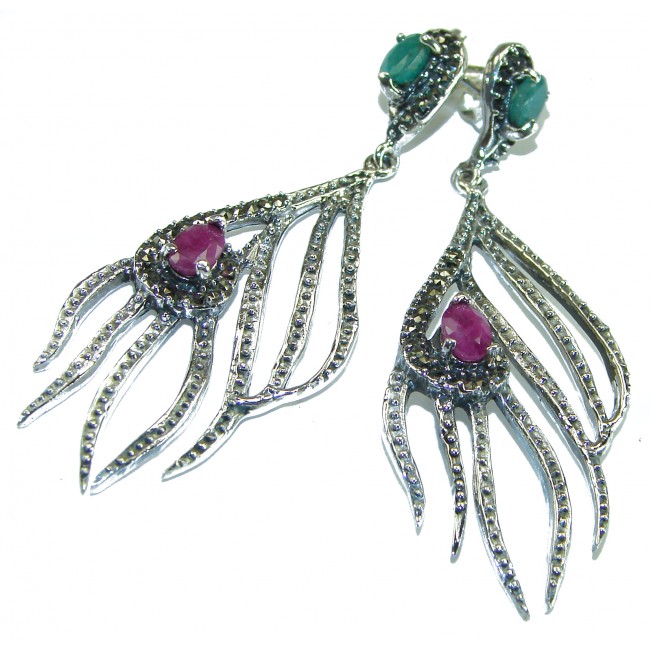 Peacock Feather design genuine Ruby Emerald .925 Sterling Silver handcrafted earrings