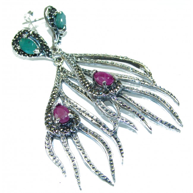 Peacock Feather design genuine Ruby Emerald .925 Sterling Silver handcrafted earrings