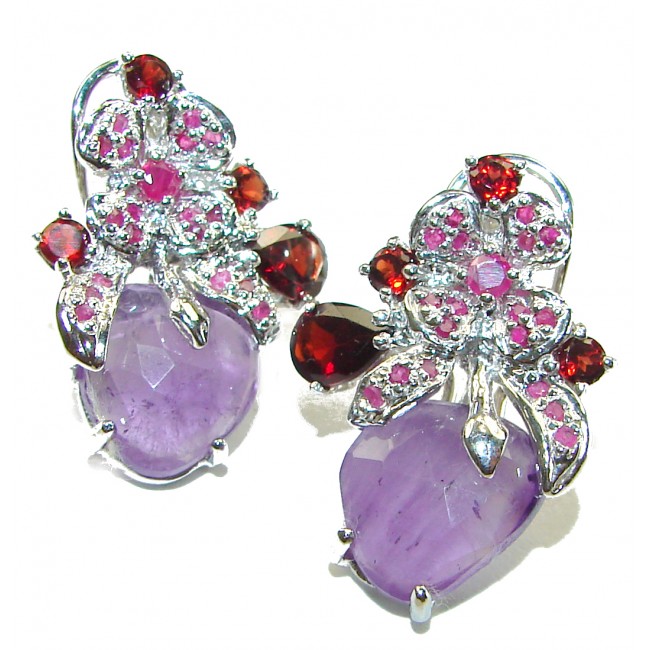 Exotic Flowers Amethyst .925 Sterling Silver handmade Statement earrings