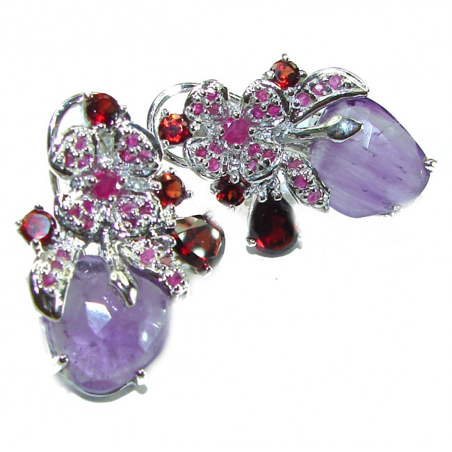 Exotic Flowers Amethyst .925 Sterling Silver handmade Statement earrings