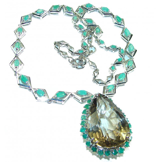 Outstanding carved 55 carat Smoky Topaz Emerald .925 Sterling Silver handcrafted Statement necklace