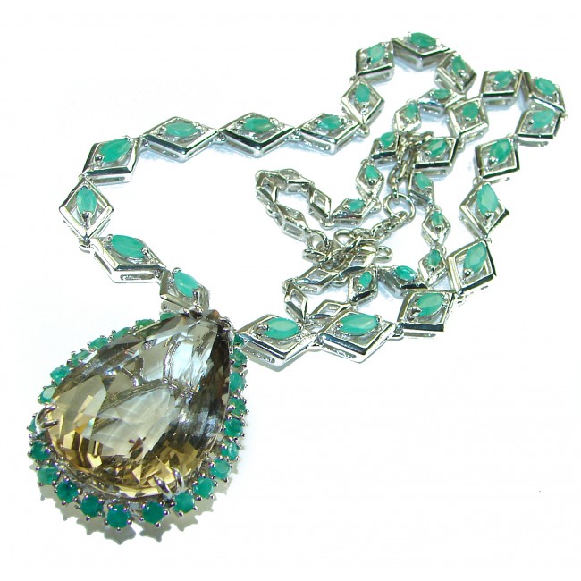 Outstanding carved 55 carat Smoky Topaz Emerald .925 Sterling Silver handcrafted Statement necklace