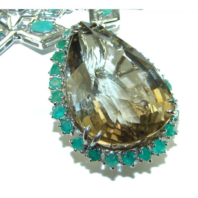 Outstanding carved 55 carat Smoky Topaz Emerald .925 Sterling Silver handcrafted Statement necklace