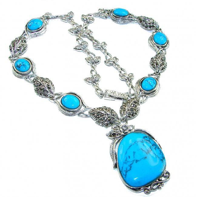 Genuine inlay Turquoise Marcasite .925 Sterling Silver handmade handcrafted Necklace