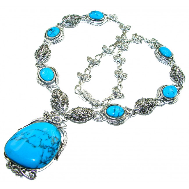 Genuine inlay Turquoise Marcasite .925 Sterling Silver handmade handcrafted Necklace