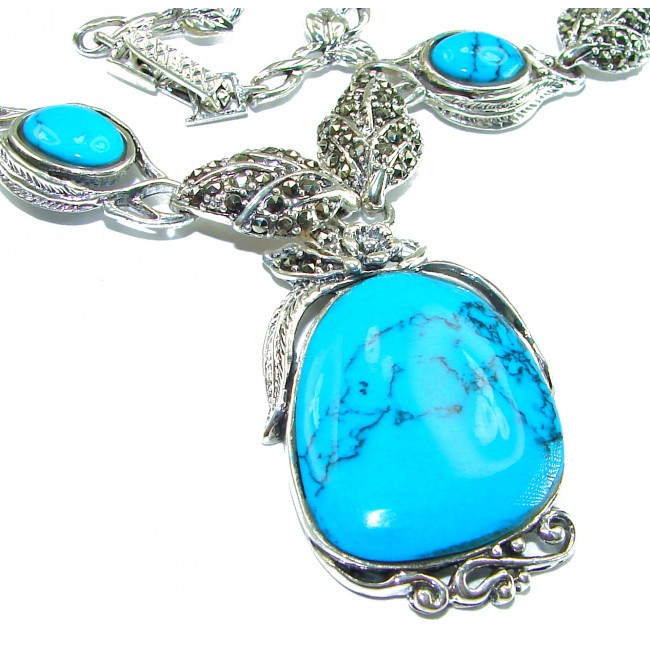 Genuine inlay Turquoise Marcasite .925 Sterling Silver handmade handcrafted Necklace