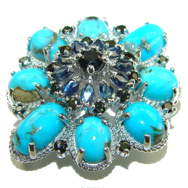 Spectacular genuine Turquoise Sapphire .925 Sterling Silver handmade Pendant Brooch