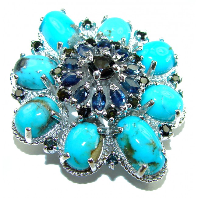 Spectacular genuine Turquoise Sapphire .925 Sterling Silver handmade Pendant Brooch