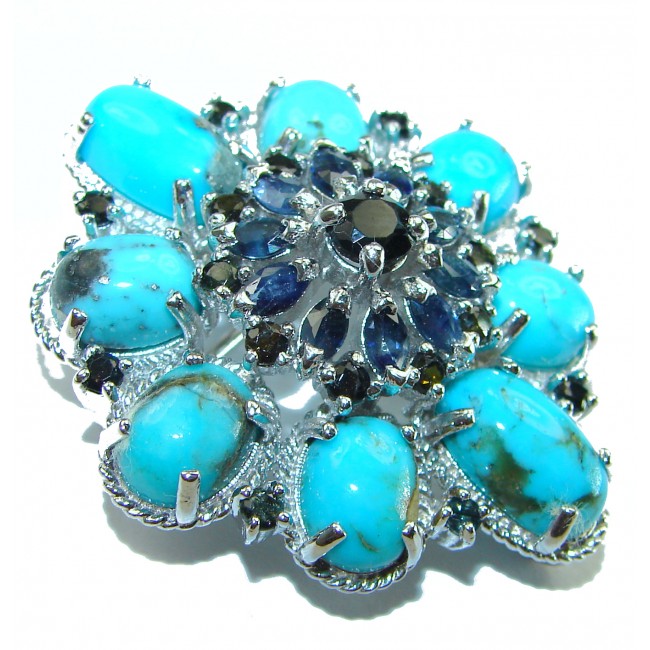 Spectacular genuine Turquoise Sapphire .925 Sterling Silver handmade Pendant Brooch