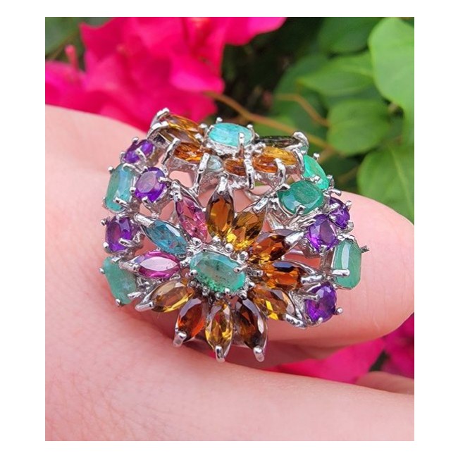 Enchanted Garden Emerald and Garnet .925 Sterling Silver handcrafted Large Ring size 9