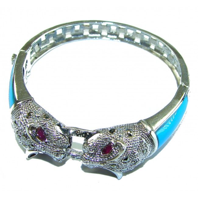 Precious Panthere Turquoise Ruby Marcasite Sterling Silver Luxury Bracelet