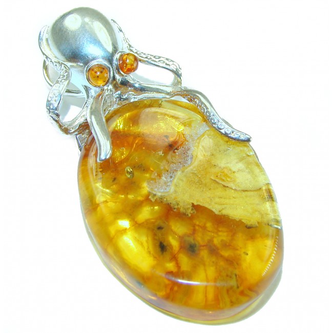 Large Octopus Baltic Amber .925 Sterling Silver handmade Pendant