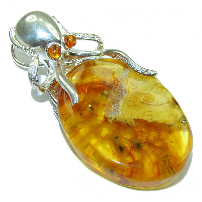 Large Octopus Baltic Amber .925 Sterling Silver handmade Pendant