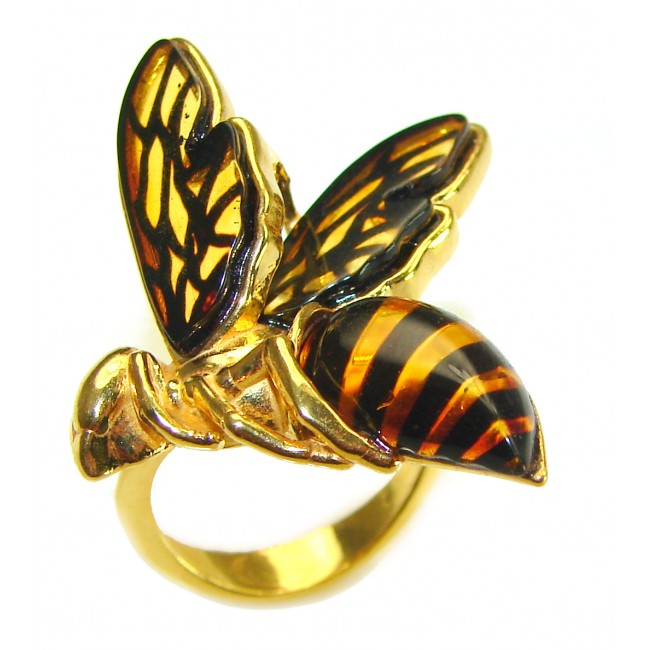 Masterpiece Honey Bee Baltic Polish Amber 14k Gold over .925 Sterling Silver handcrafted ring; s 7 adjustable