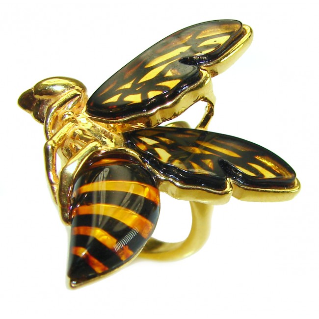 Masterpiece Honey Bee Baltic Polish Amber 14k Gold over .925 Sterling Silver handcrafted ring; s 7 adjustable