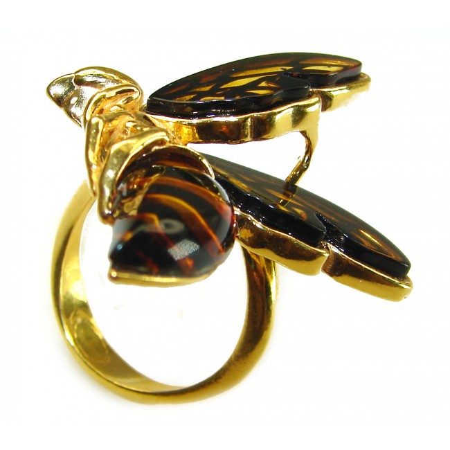 Masterpiece Honey Bee Baltic Polish Amber 14k Gold over .925 Sterling Silver handcrafted ring; s 7 adjustable