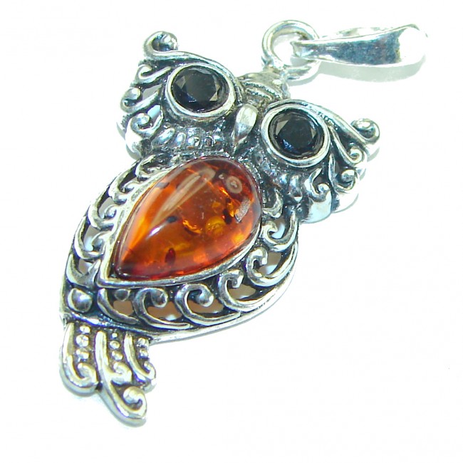 Owl Natural Baltic Amber .925 Sterling Silver handmade Pendant