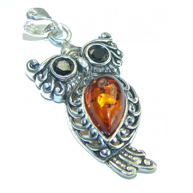 Owl Natural Baltic Amber .925 Sterling Silver handmade Pendant