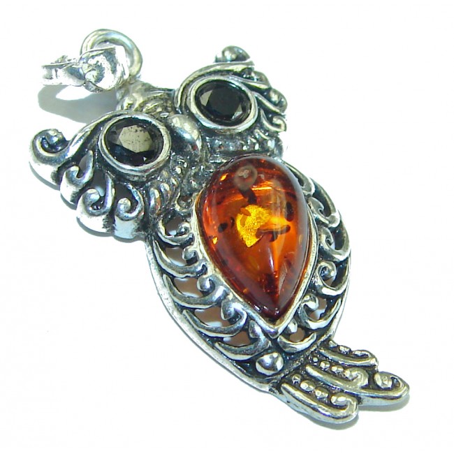 Owl Natural Baltic Amber .925 Sterling Silver handmade Pendant