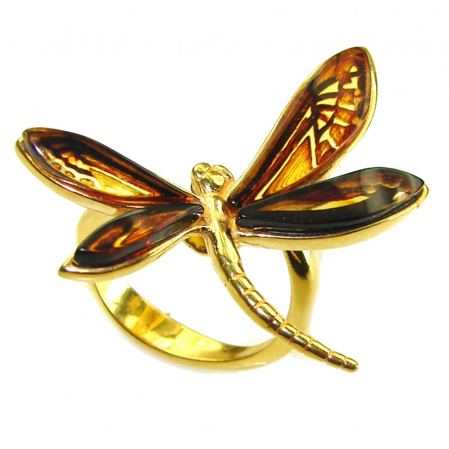 Butterfly Authentic Baltic Amber 14K Gold over .925 Sterling Silver handcrafted ring; s. 8 adjustable